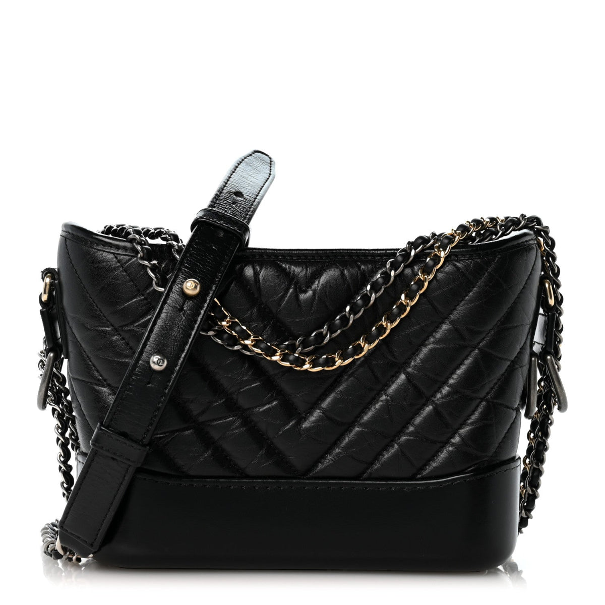 Aged Calfskin Chevron Quilted Small Gabrielle Hobo Black