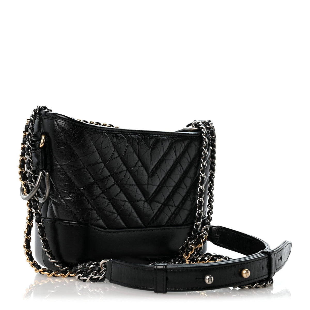 Aged Calfskin Chevron Quilted Small Gabrielle Hobo Black