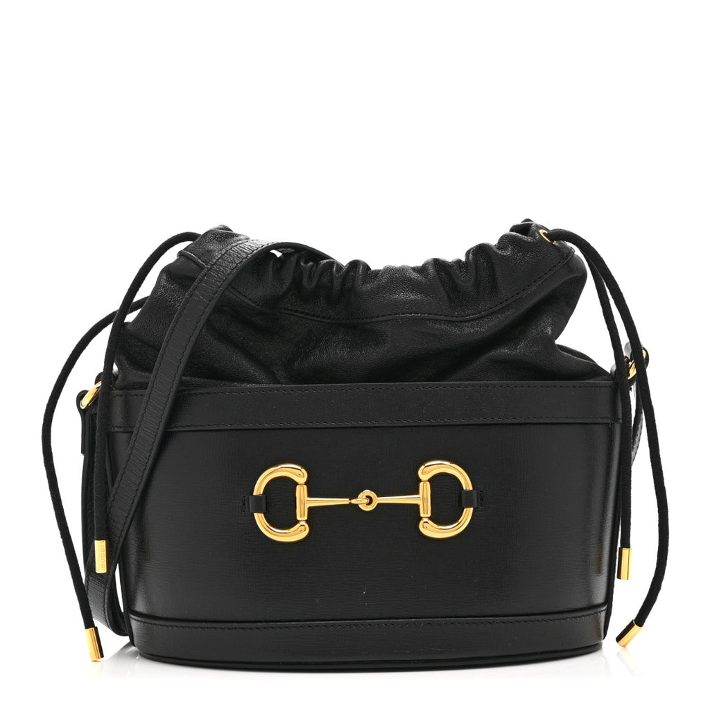 Azalea Sakai Calfskin Horsebit 1955 Drawstring Bucket Bag Black
