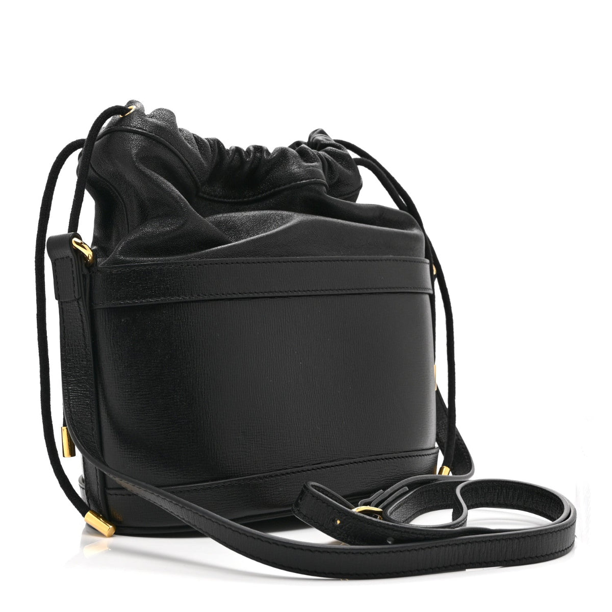 Azalea Sakai Calfskin Horsebit 1955 Drawstring Bucket Bag Black