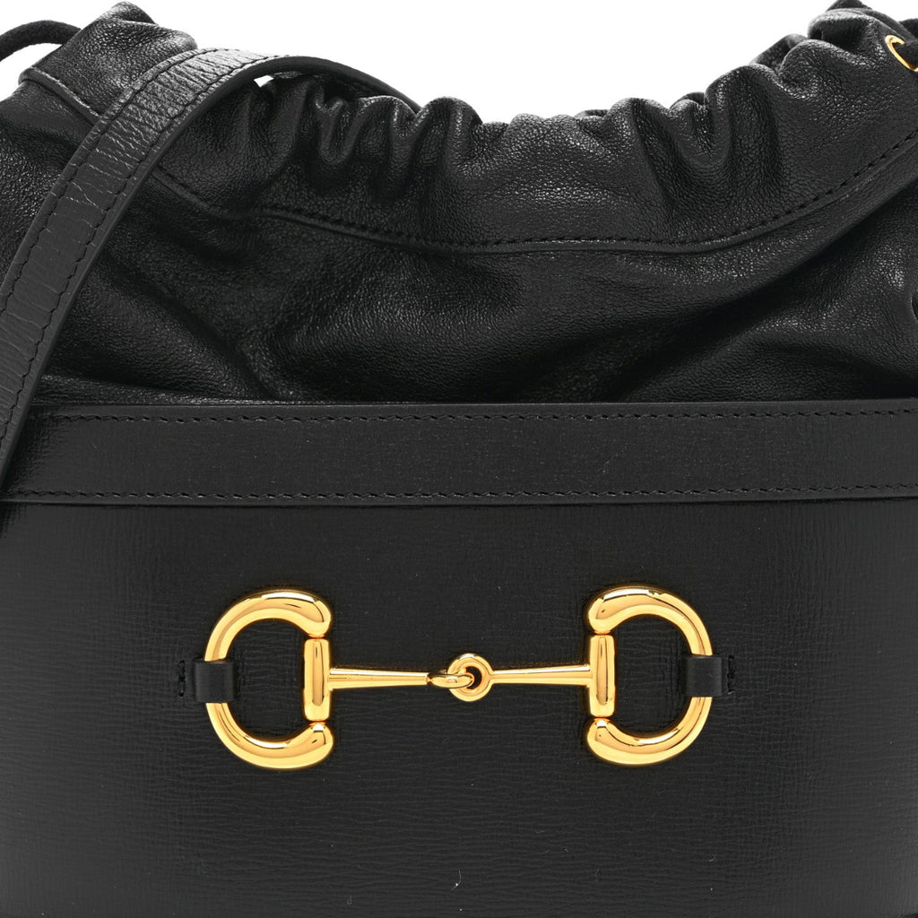 Azalea Sakai Calfskin Horsebit 1955 Drawstring Bucket Bag Black