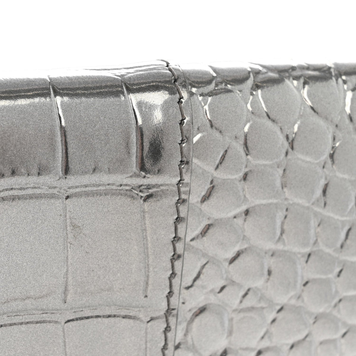 Metallic Calfskin Crocodile Embossed Hourglass Flap Flat Pouch Silver