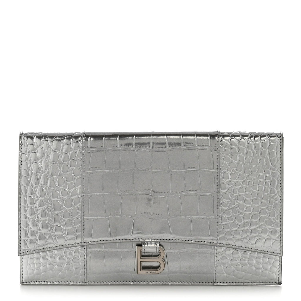 Metallic Calfskin Crocodile Embossed Hourglass Flap Flat Pouch Silver