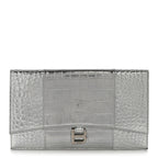 Metallic Calfskin Crocodile Embossed Hourglass Flap Flat Pouch Silver