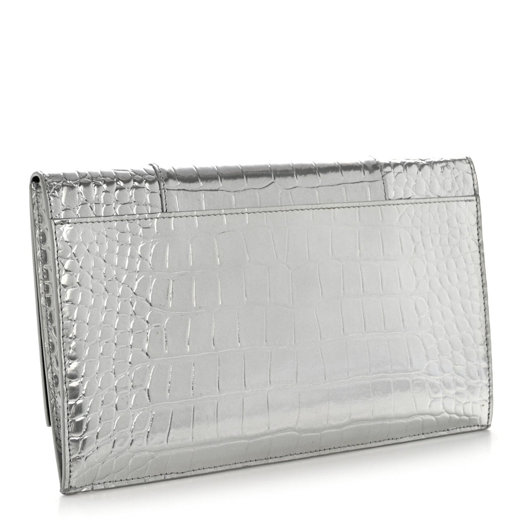 Metallic Calfskin Crocodile Embossed Hourglass Flap Flat Pouch Silver