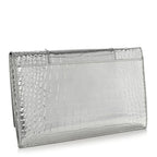Metallic Calfskin Crocodile Embossed Hourglass Flap Flat Pouch Silver