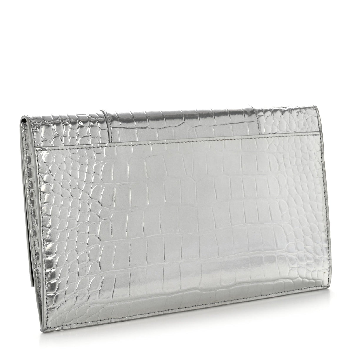 Metallic Calfskin Crocodile Embossed Hourglass Flap Flat Pouch Silver