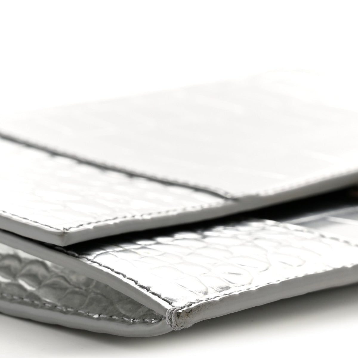 Metallic Calfskin Crocodile Embossed Hourglass Flap Flat Pouch Silver