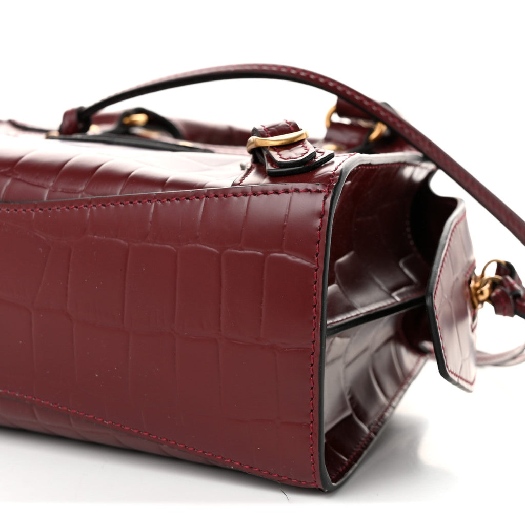 Semi Shiny Calfskin Crocodile Embossed Neo Classic Gold Hardware Mini City Dark Red
