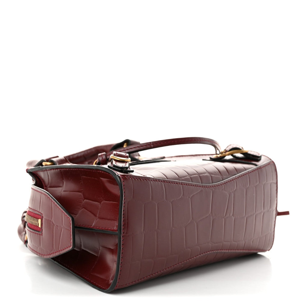 Semi Shiny Calfskin Crocodile Embossed Neo Classic Gold Hardware Mini City Dark Red
