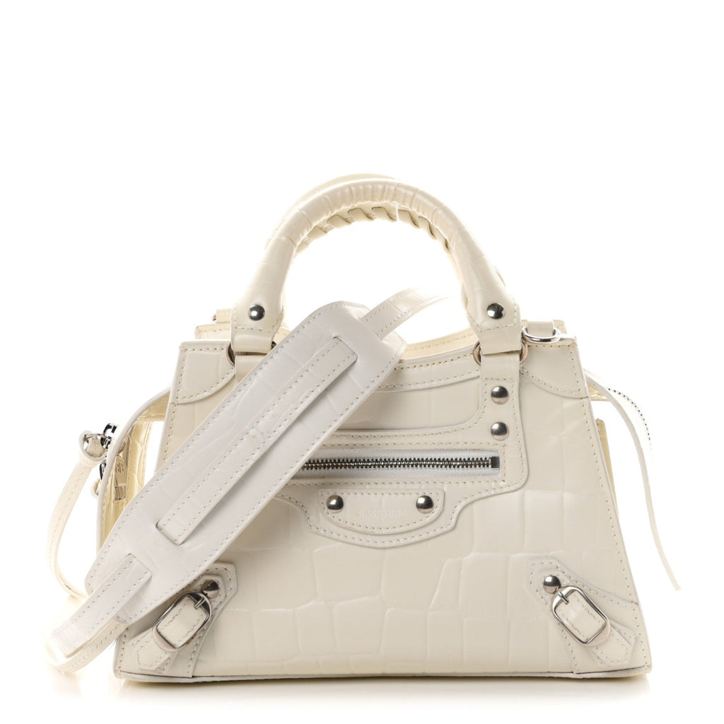 Semi Shiny Calfskin Crocodile Embossed Neo Classic Silver Hardware Mini City White