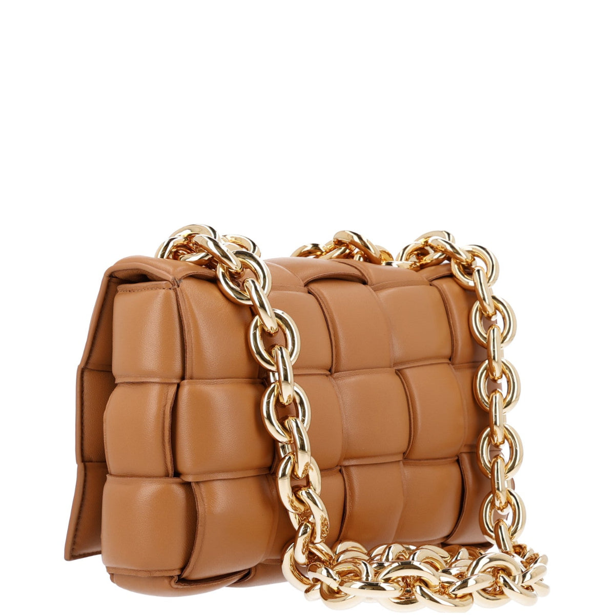 Lambskin Maxi Intreccio Padded Chain Cassette Crossbody Bag Caramel