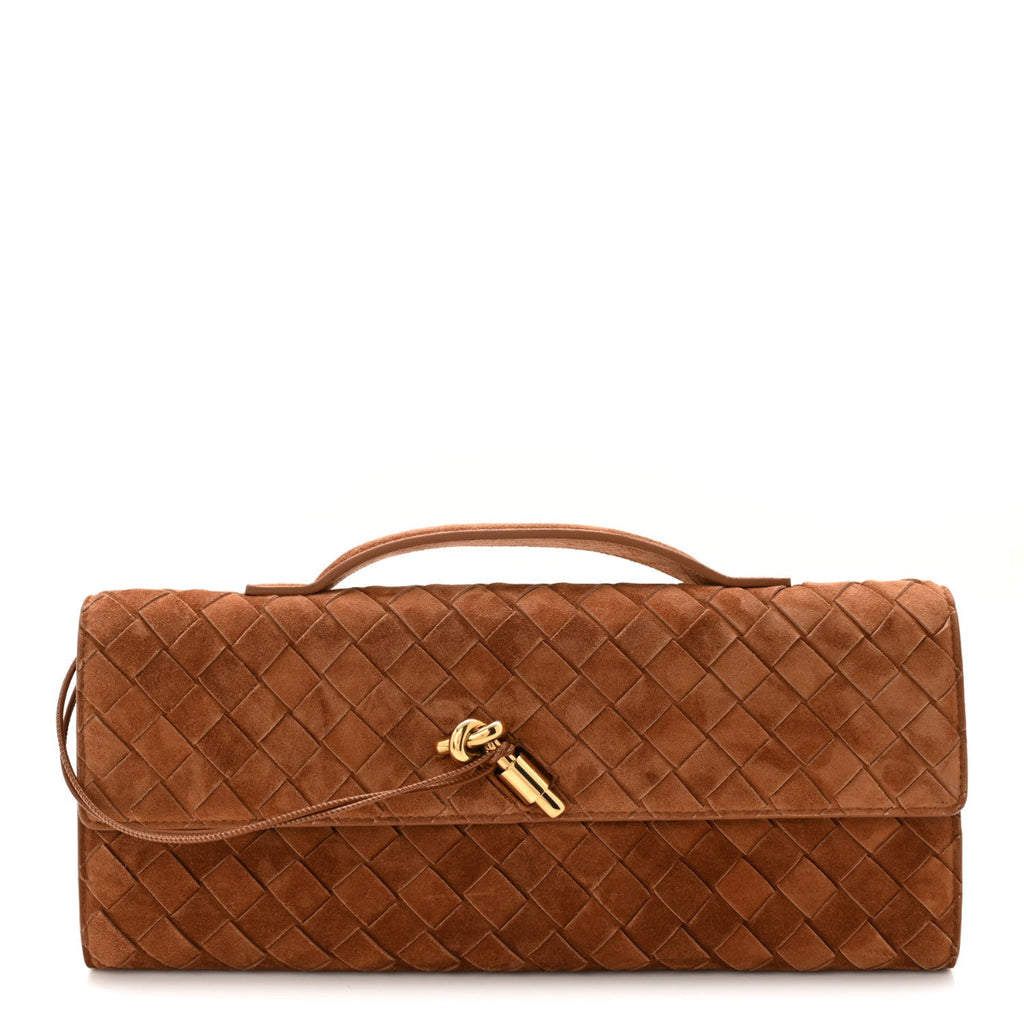 Suede Intrecciato Long Andiamo Top Handle Clutch Amber