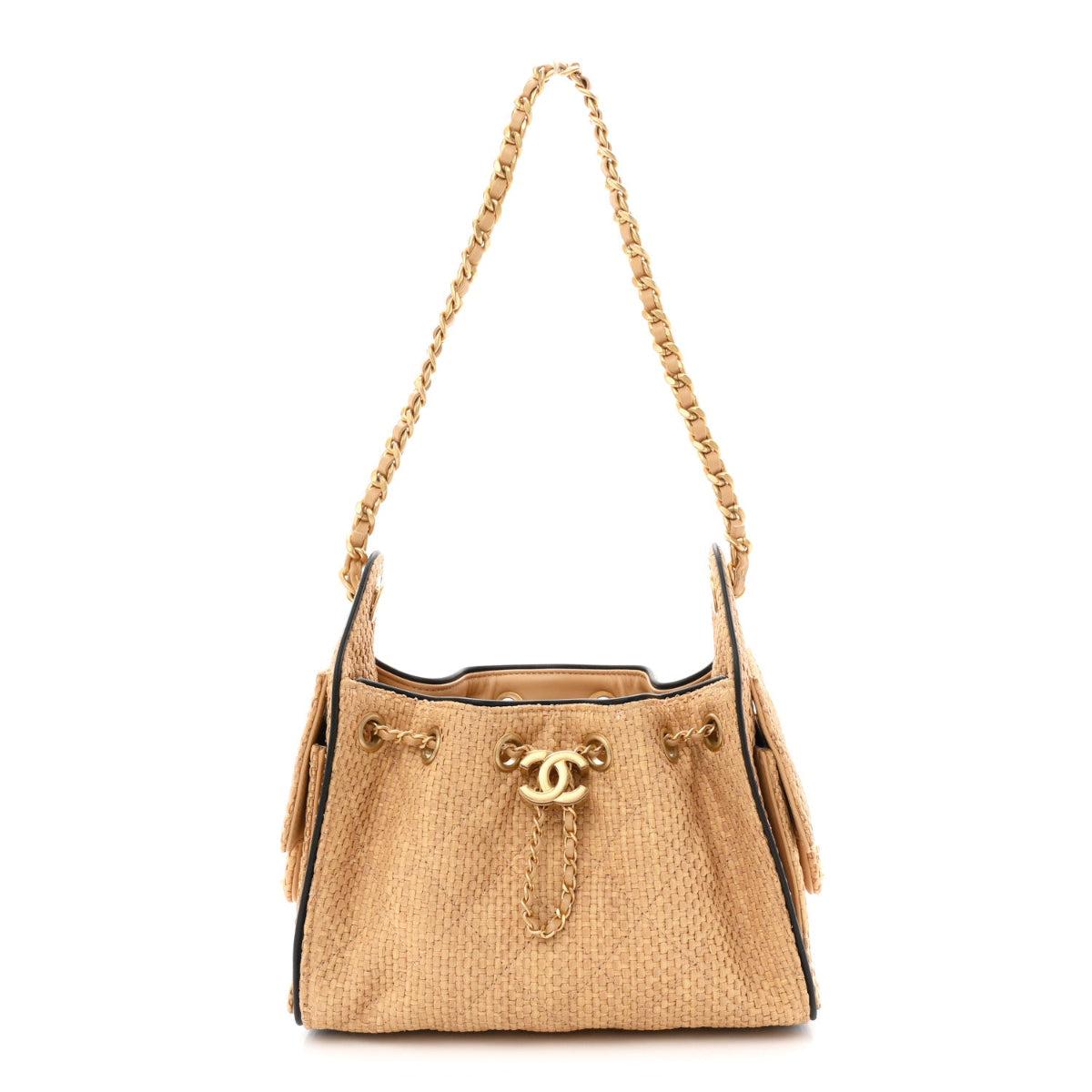 Braided Raffia Calfskin Quilted Mini Chanel 25 Handbag Beige Black