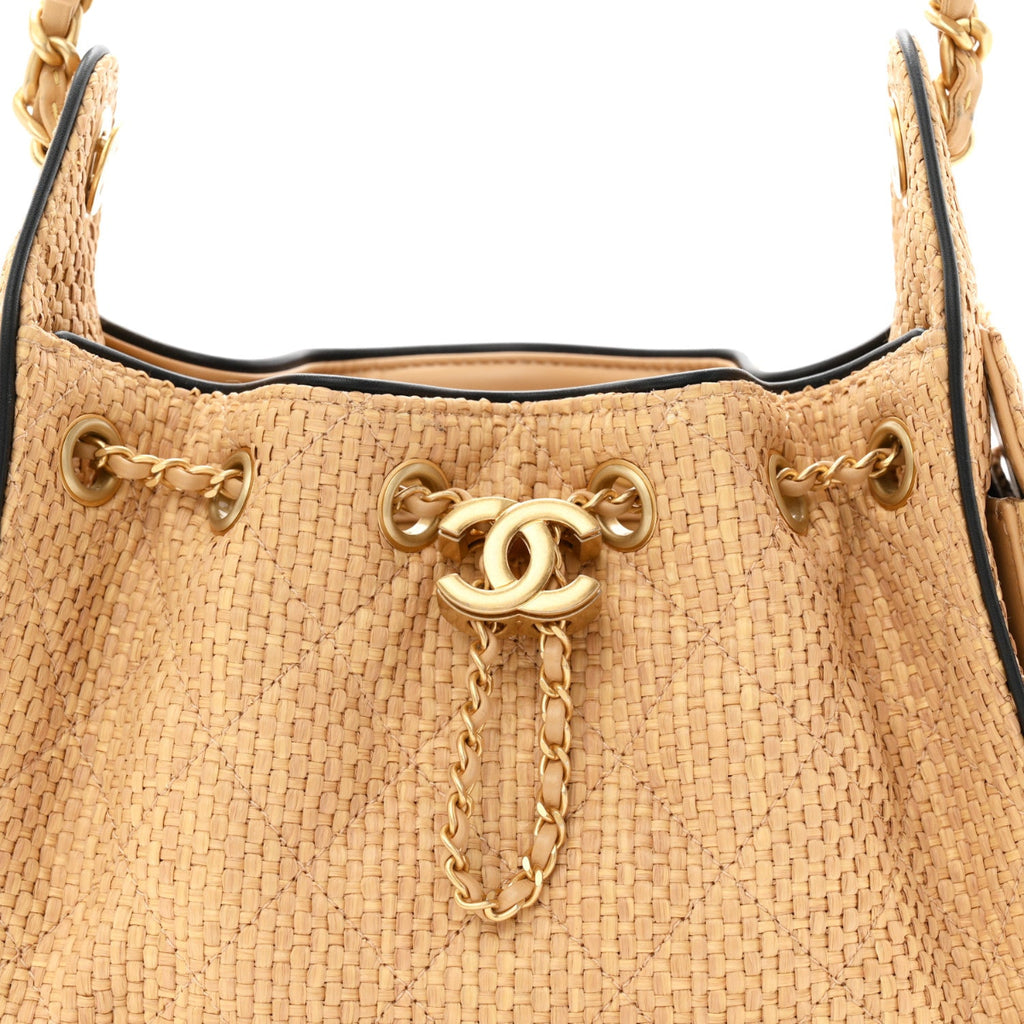 Braided Raffia Calfskin Quilted Mini Chanel 25 Handbag Beige Black