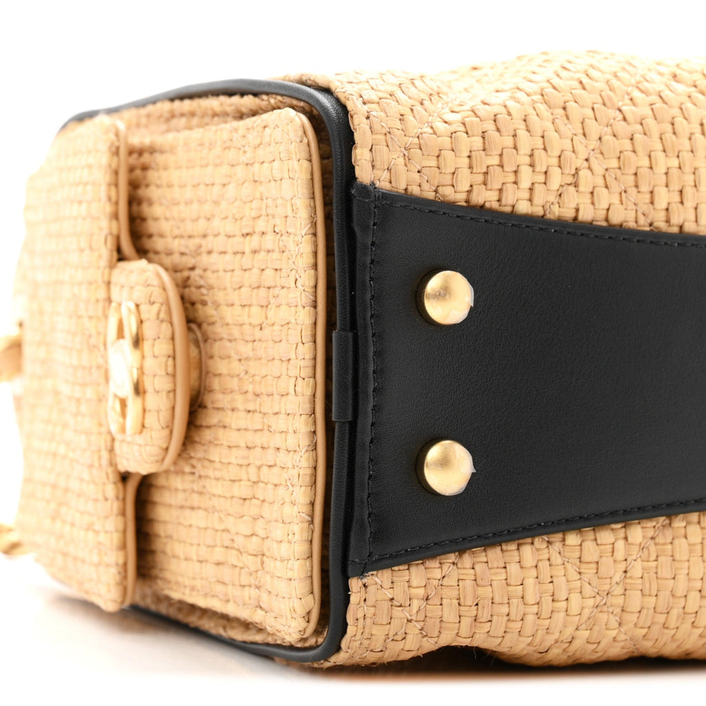 Braided Raffia Calfskin Quilted Mini Chanel 25 Handbag Beige Black