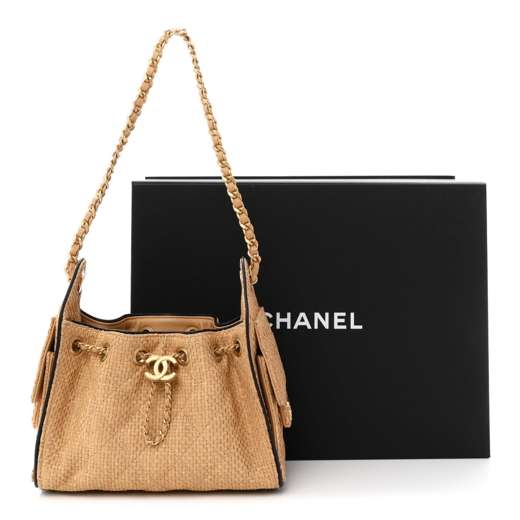 Braided Raffia Calfskin Quilted Mini Chanel 25 Handbag Beige Black