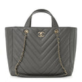 Calfskin Chevron Quilted Statement Shopping Tote Grey