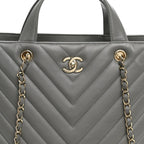 Calfskin Chevron Quilted Statement Shopping Tote Grey