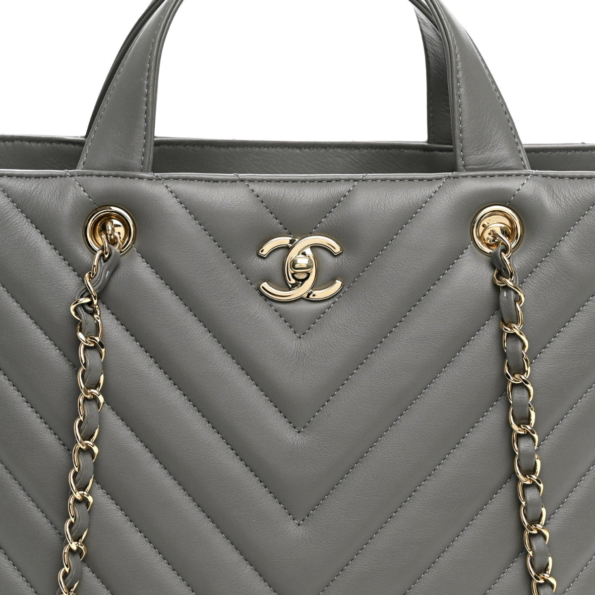 Calfskin Chevron Quilted Statement Shopping Tote Grey
