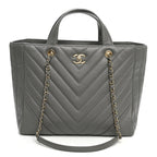 Calfskin Chevron Quilted Statement Shopping Tote Grey