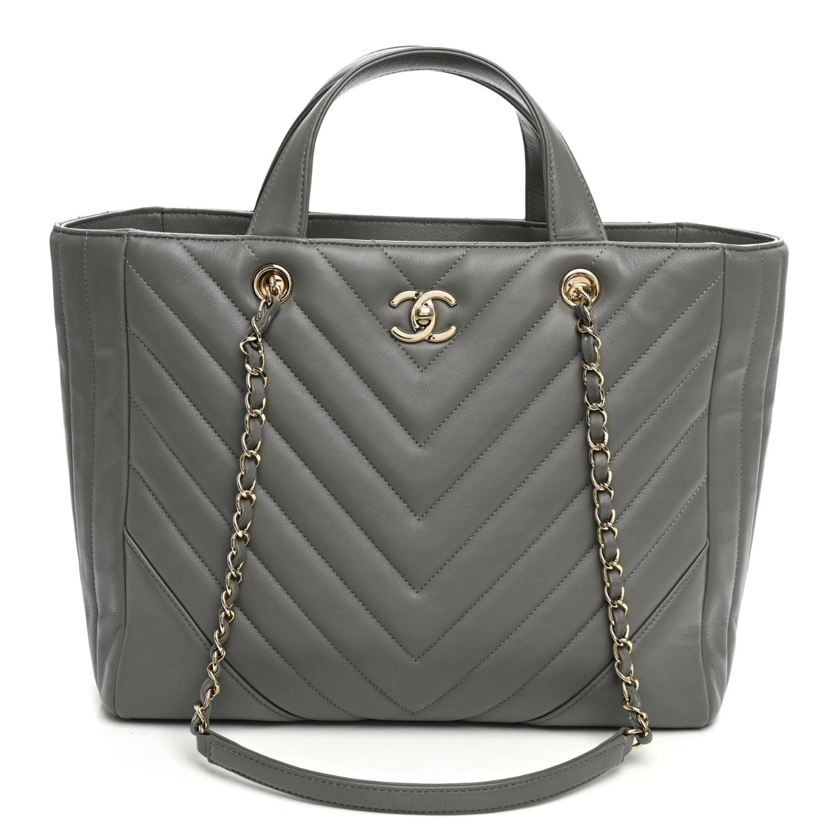 Calfskin Chevron Quilted Statement Shopping Tote Grey