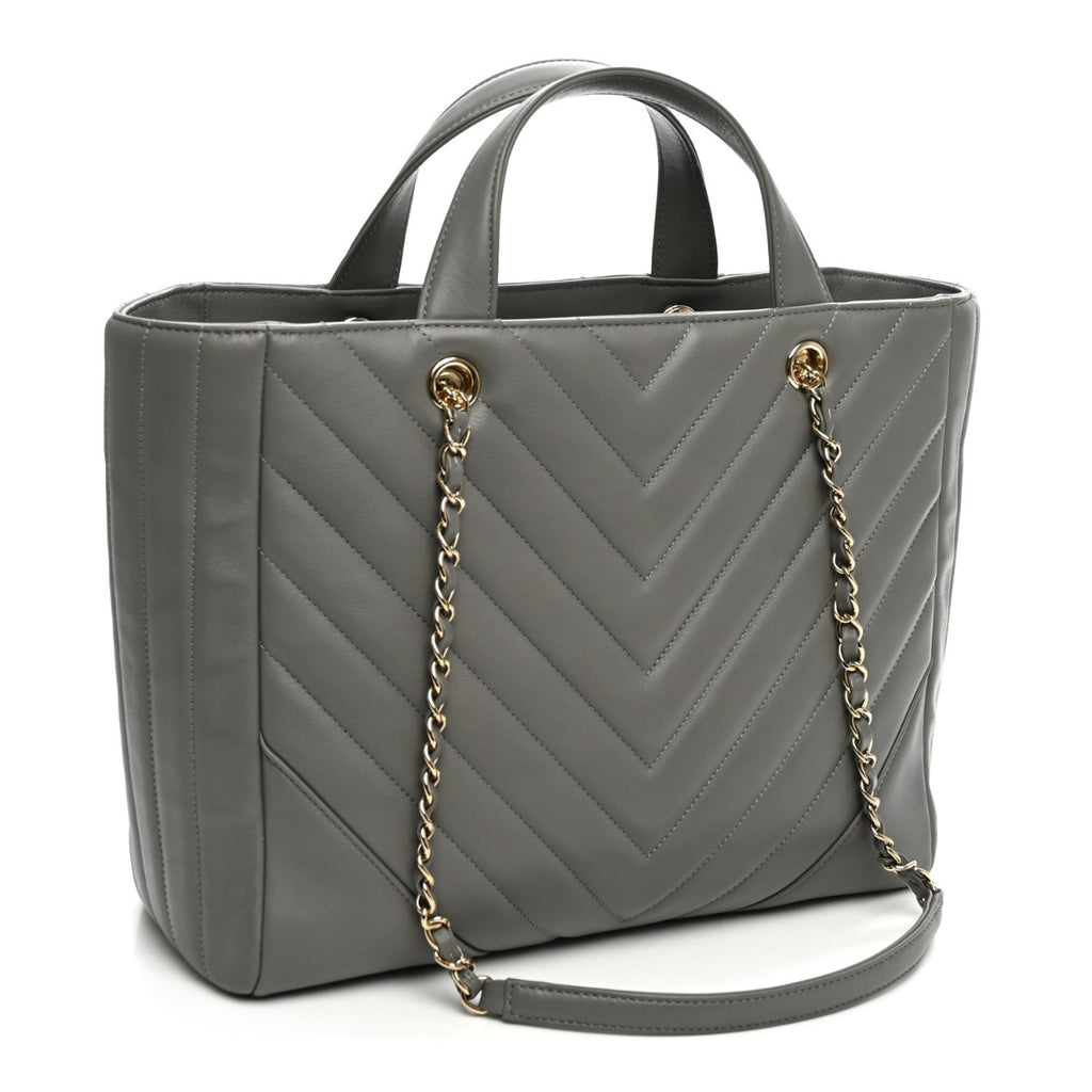 Calfskin Chevron Quilted Statement Shopping Tote Grey