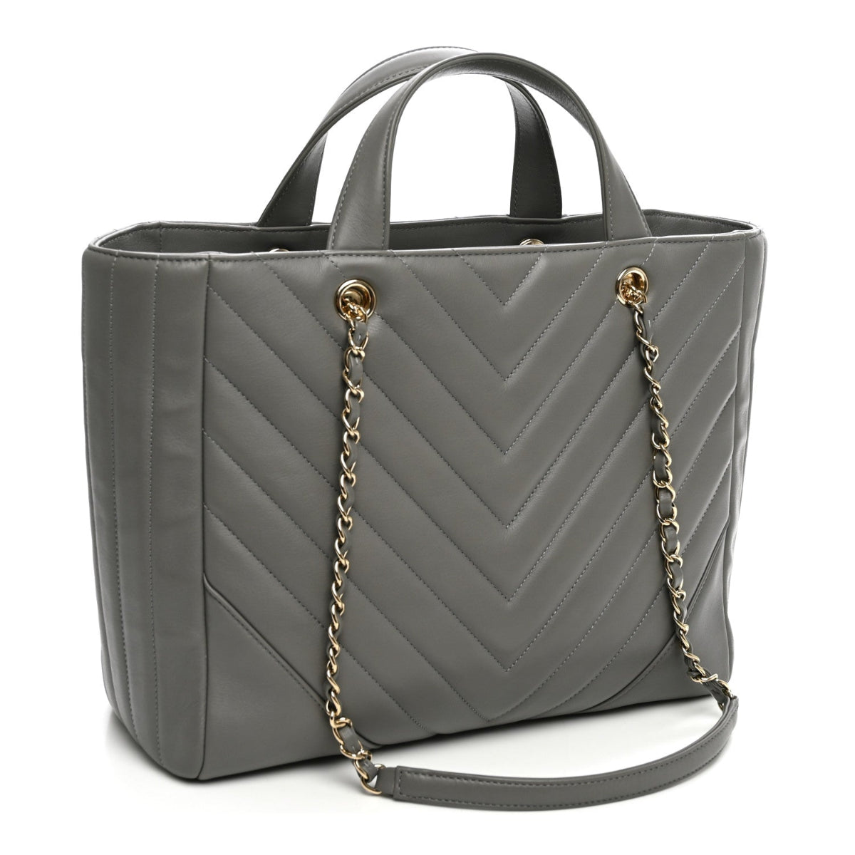 Calfskin Chevron Quilted Statement Shopping Tote Grey