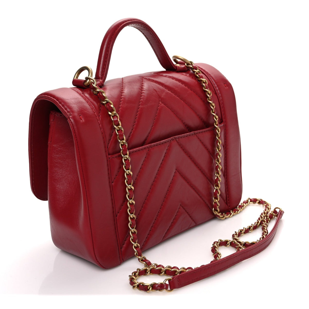 Calfskin Chevron Quilted Top Handle Flap Red