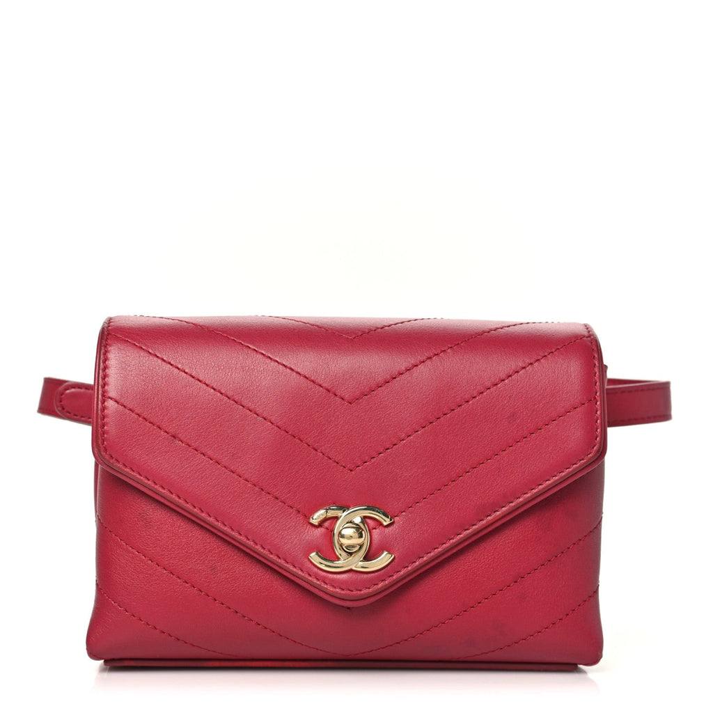 Calfskin Chevron Stitched Coco Waist Bag Red