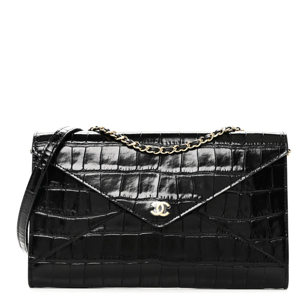 Calfskin Crocodile Embossed Envelope Clutch With Strap Black