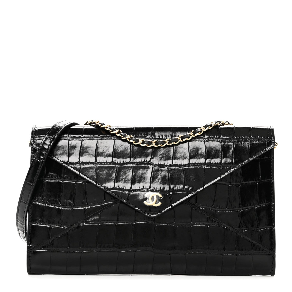 Calfskin Crocodile Embossed Envelope Clutch With Strap Black