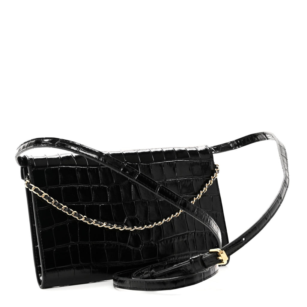 Calfskin Crocodile Embossed Envelope Clutch With Strap Black