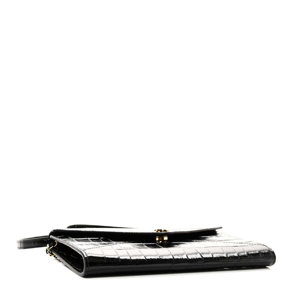 Calfskin Crocodile Embossed Envelope Clutch With Strap Black