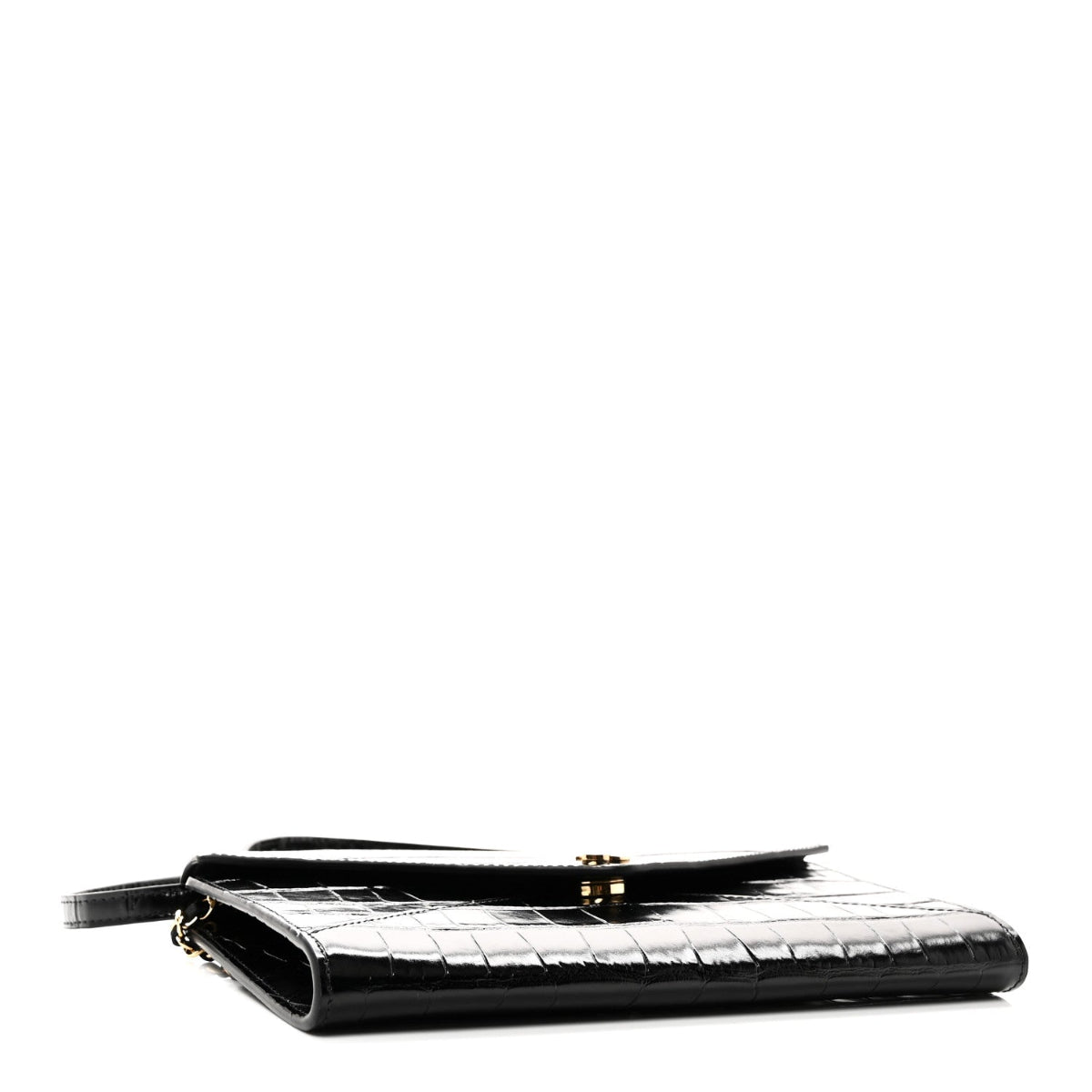 Calfskin Crocodile Embossed Envelope Clutch With Strap Black