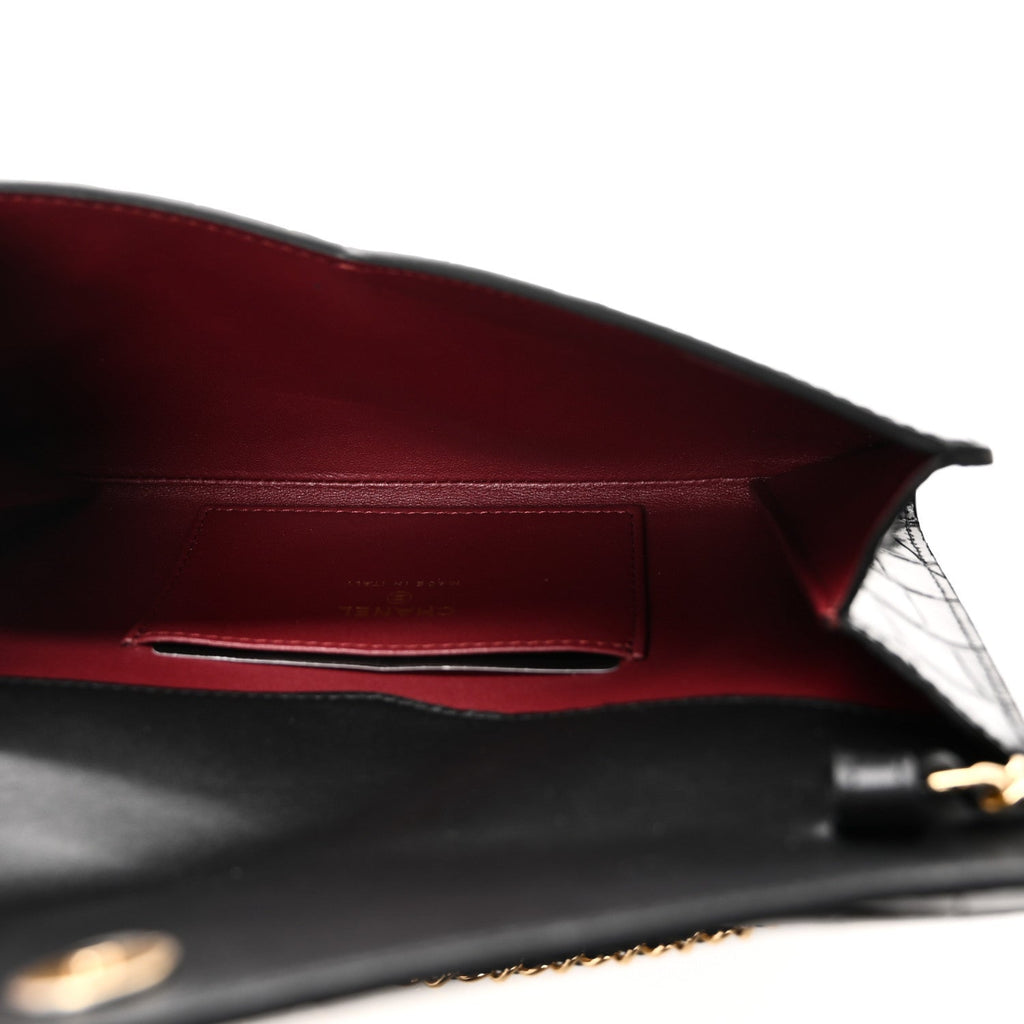Calfskin Crocodile Embossed Envelope Clutch With Strap Black