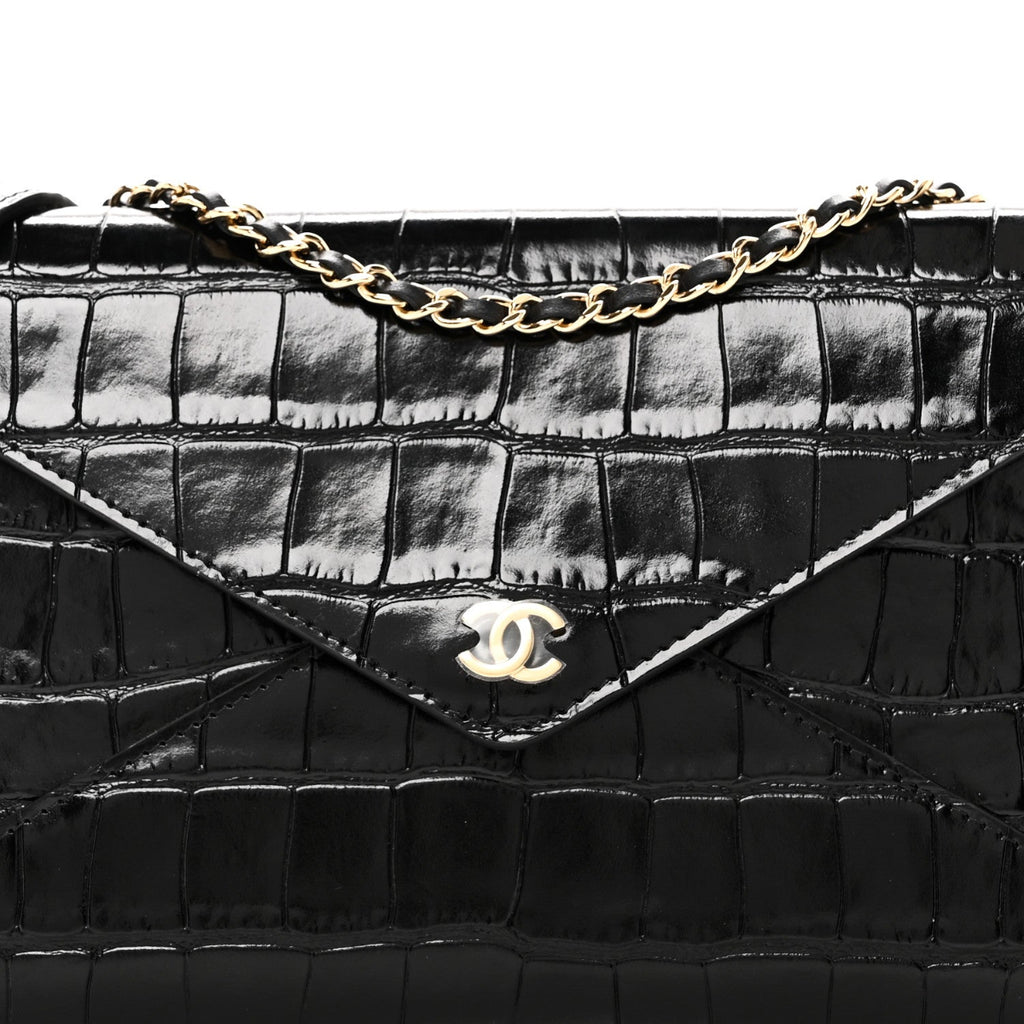 Calfskin Crocodile Embossed Envelope Clutch With Strap Black