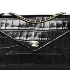 Calfskin Crocodile Embossed Envelope Clutch With Strap Black