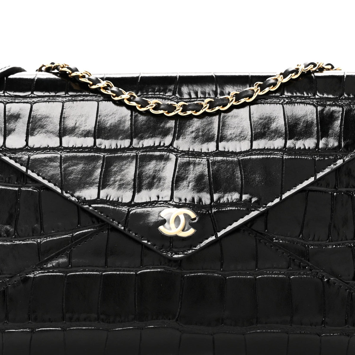 Calfskin Crocodile Embossed Envelope Clutch With Strap Black