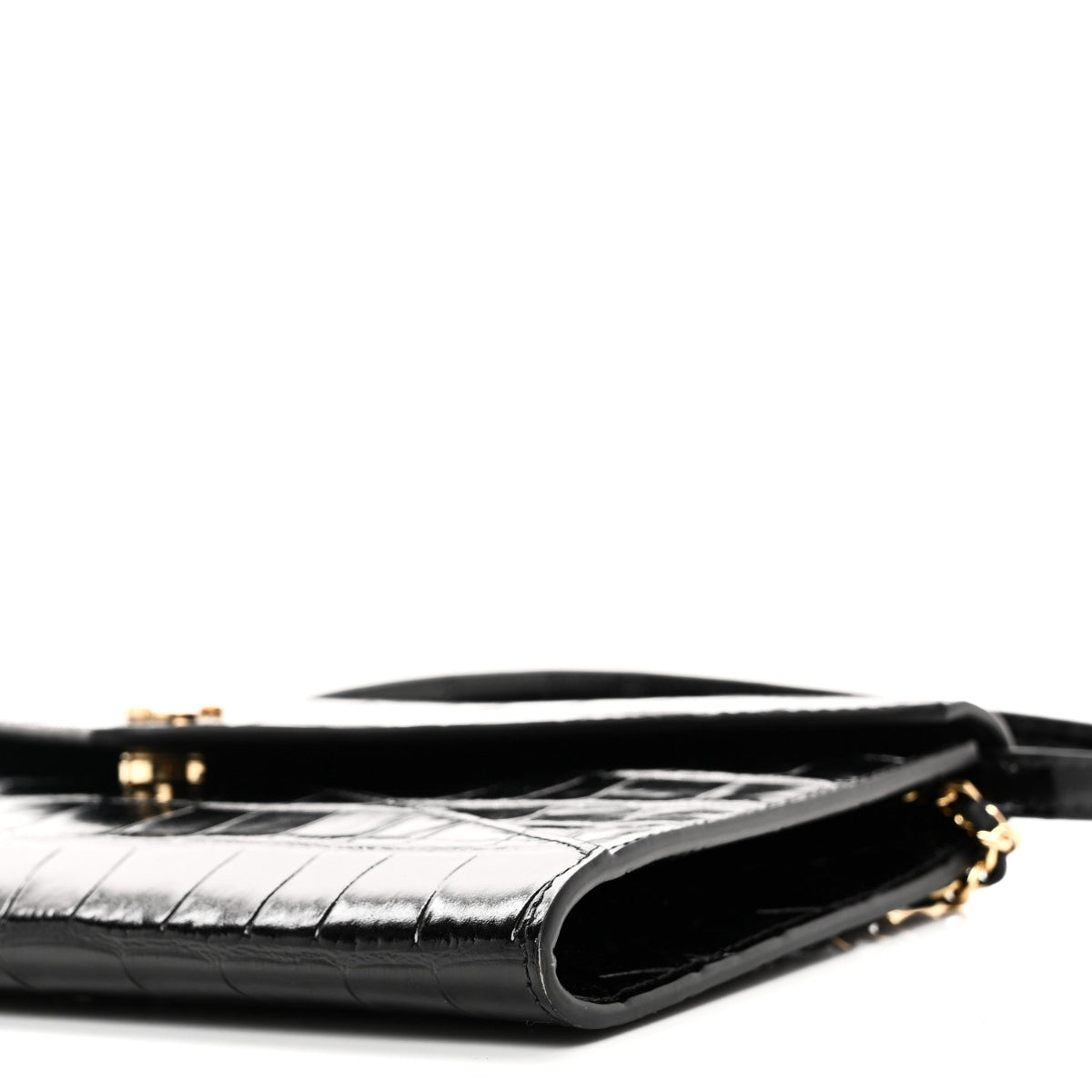 Calfskin Crocodile Embossed Envelope Clutch With Strap Black