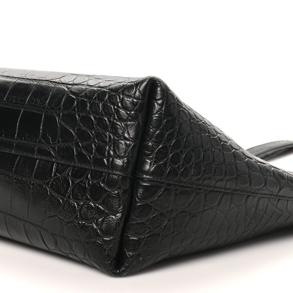 Calfskin Crocodile Embossed Large Shopper Tote Black