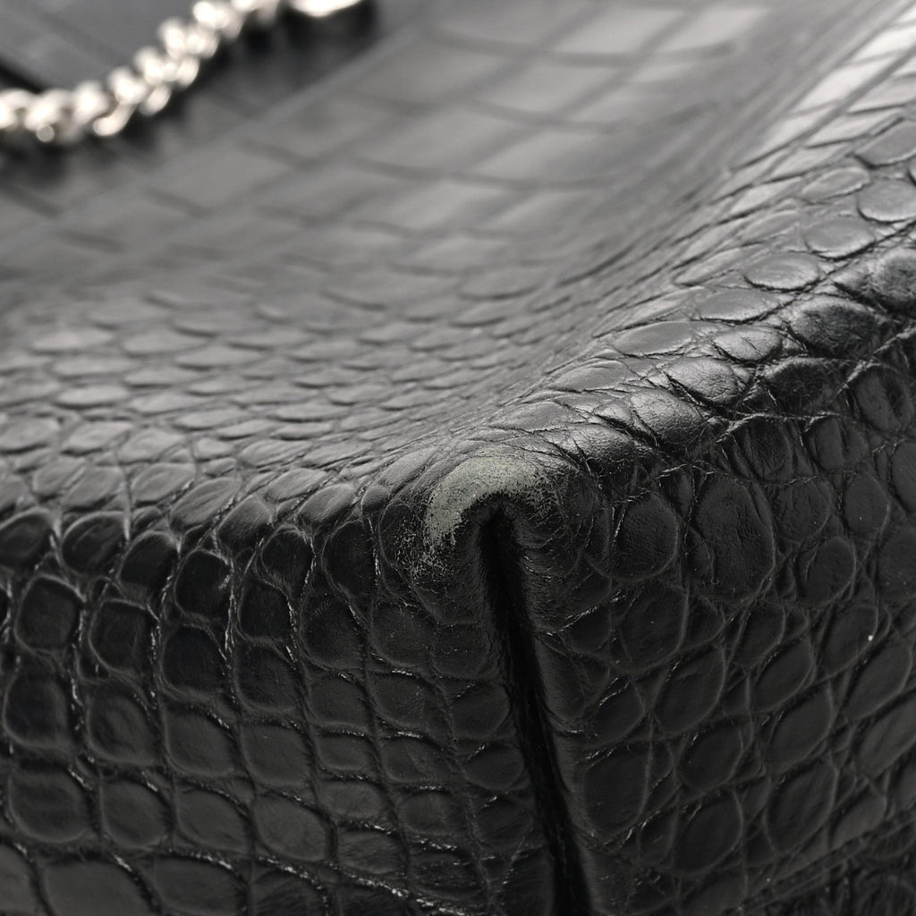 Calfskin Crocodile Embossed Large Shopper Tote Black