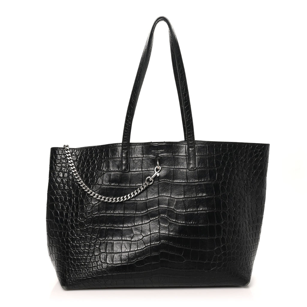 Calfskin Crocodile Embossed Large Shopper Tote Black