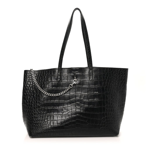 Calfskin Crocodile Embossed Large Shopper Tote Black