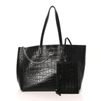 Calfskin Crocodile Embossed Large Shopper Tote Black