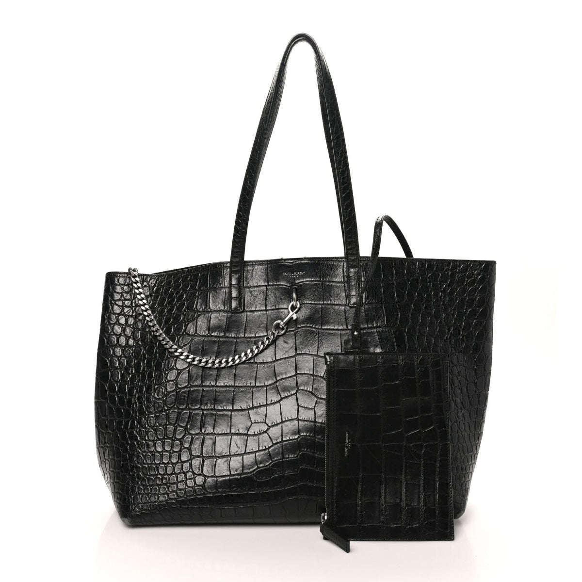 Calfskin Crocodile Embossed Large Shopper Tote Black