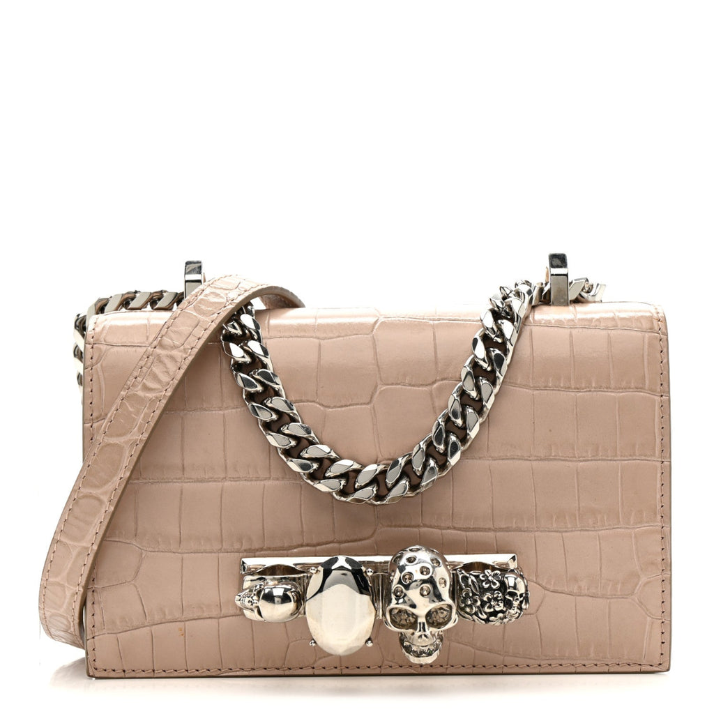 Calfskin Crocodile Embossed Mini Jeweled Satchel Sand