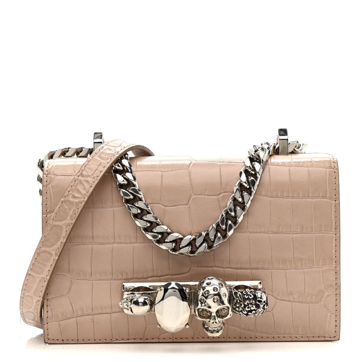Calfskin Crocodile Embossed Mini Jeweled Satchel Sand