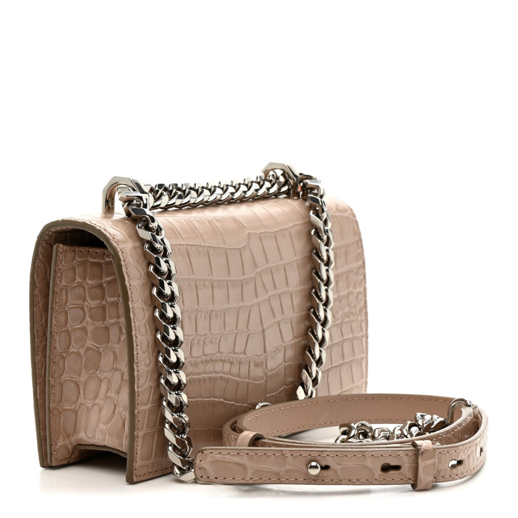 Calfskin Crocodile Embossed Mini Jeweled Satchel Sand