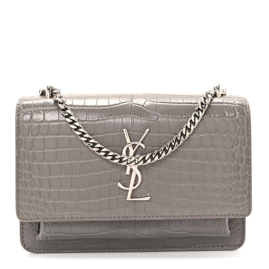 Calfskin Crocodile Embossed Monogram Sunset Chain Wallet Grey